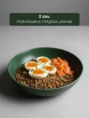 Grikių dubenėlis su minkštai virtais kiaušiniais ir rūkyta lašiša žalioje lėkštėje